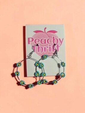 Turquoise Daisy Chain Beaded Wire Hoops